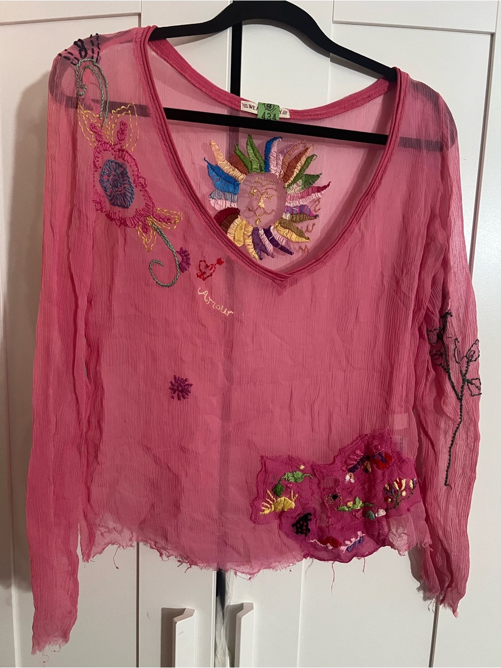 Replay Silk Pink Sheer V-Neck Embroidered Long Sleeve Top